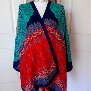 Artisanal Shawl Cape Boutique, red turquoise, Handmade in Ecuador